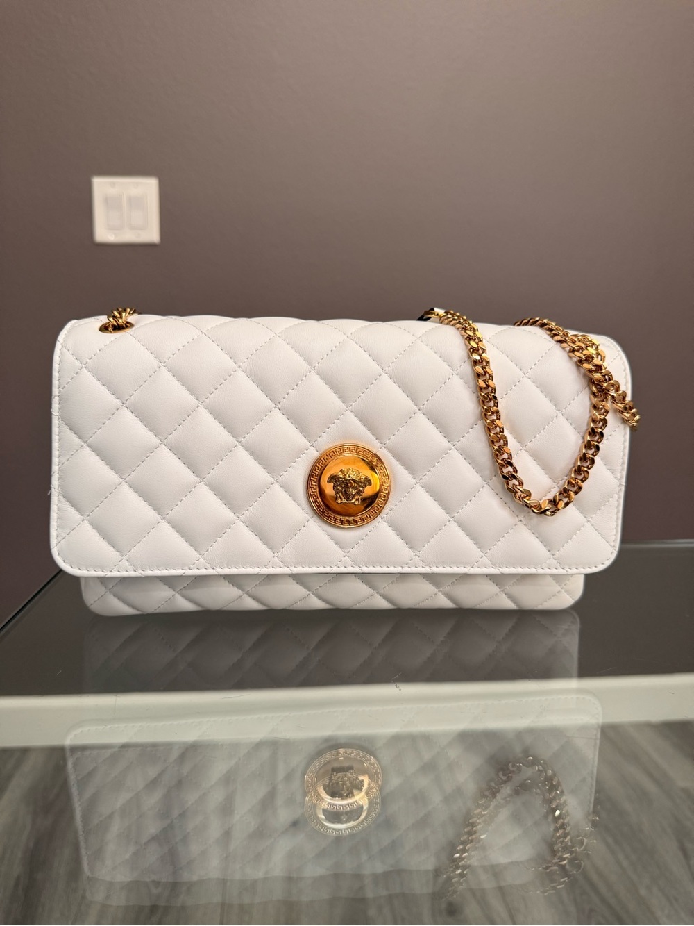 Versace White Quilted Shoulder Bag with Gold Chain